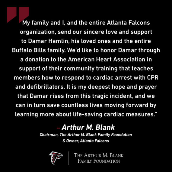 The Arthur M. Blank Family Foundation Grants $25,000 To The American Heart Association In Honor Of Damar Hamlin